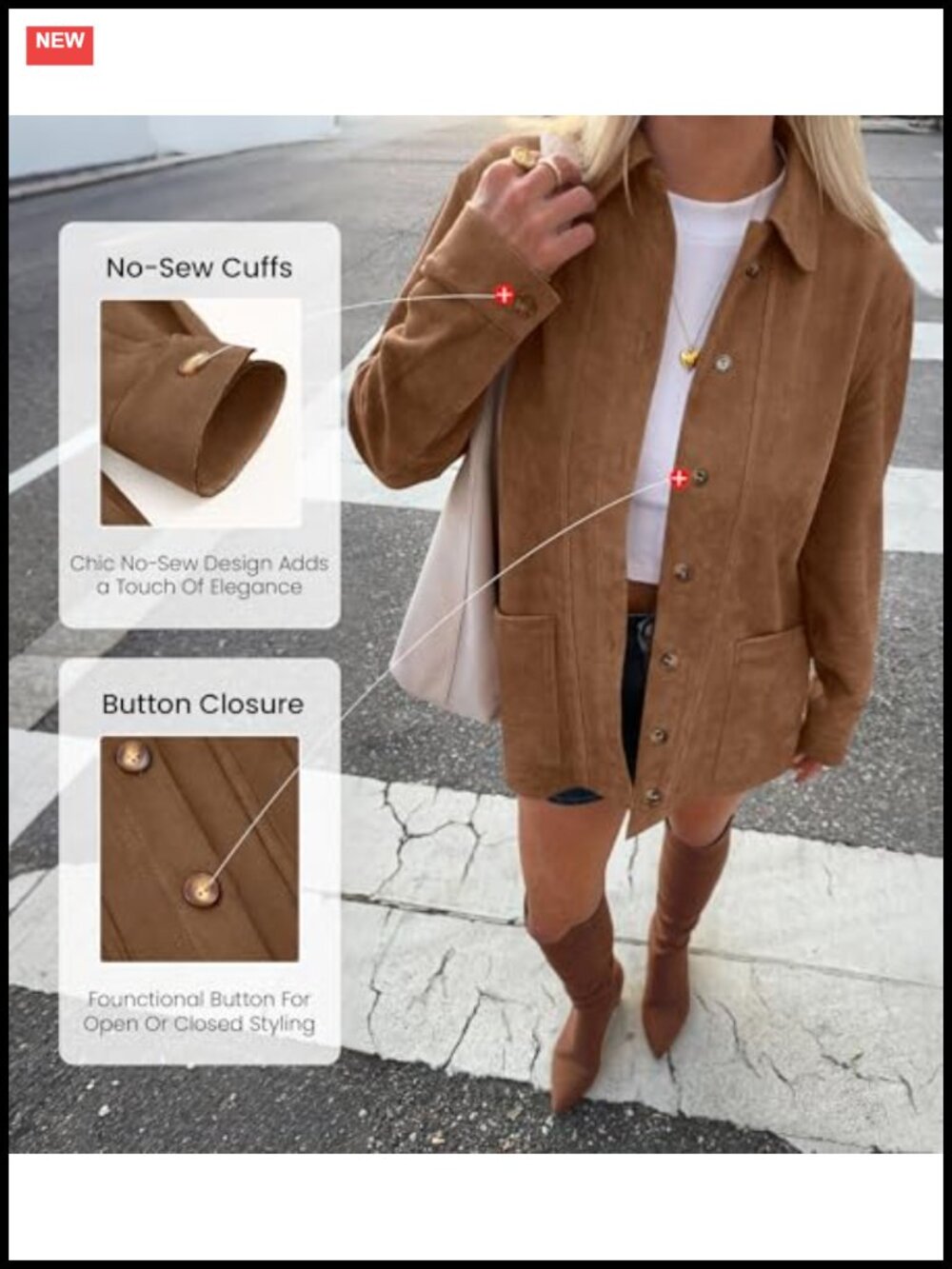 Faux Suede Jacket Women Button Down Long Sleeve Fall Winter Coat - Picture 3 of 6